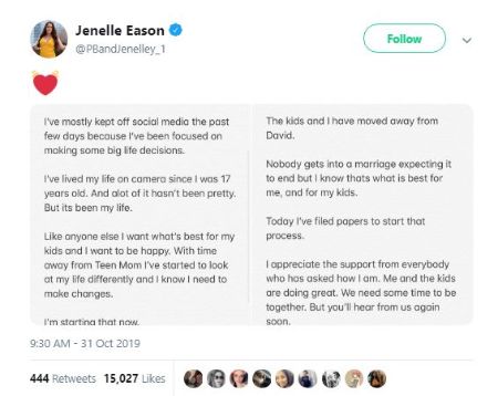 Jenelle Evans announcing her decision to split with husband David.